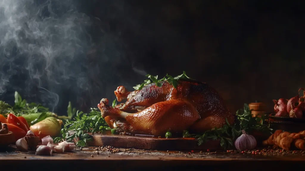 A perfectly smoked duck with crispy golden skin, garnished with fresh herbs, displayed on a rustic wooden table surrounded by colorful vegetables and spices, evoking a warm and inviting atmosphere.