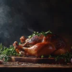 A perfectly smoked duck with crispy golden skin, garnished with fresh herbs, displayed on a rustic wooden table surrounded by colorful vegetables and spices, evoking a warm and inviting atmosphere.