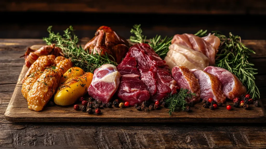 A selection of various duck meats displayed on a wooden board, including smoked duck breast, roasted duck leg, and confit duck, each showcasing rich colors and textures, highlighting the culinary versatility of duck.