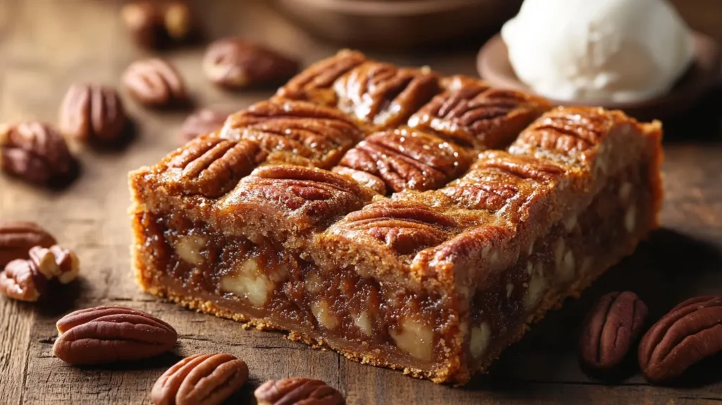 Freshly baked pecan pie cake cut into squares, showcasing its gooey filling. Surrounded by whole pecans, a dollop of whipped cream, and a melting scoop of vanilla ice cream