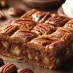 Freshly baked pecan pie cake cut into squares, showcasing its gooey filling. Surrounded by whole pecans, a dollop of whipped cream, and a melting scoop of vanilla ice cream