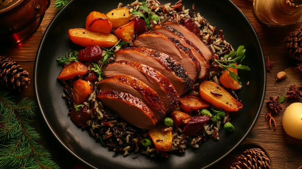 A vibrant plate of roasted vegetables, including carrots, Brussels sprouts, and potatoes, drizzled with olive oil and herbs, served alongside a beautifully smoked duck, creating a colorful and appetizing presentation.