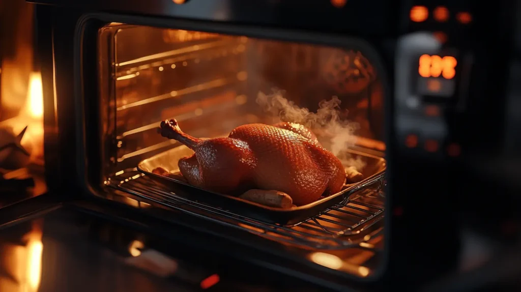 A modern kitchen features a sleek oven set at 225°F (107°C), where a beautifully roasted duck is surrounded by gently smoking wood chips, proving that you can smoke duck without a traditional smoker. The rich, golden-brown skin glistens, while a digital meat thermometer nearby indicates an internal temperature of 165°F (74°C), creating an inviting atmosphere for gourmet cooking