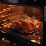 A modern kitchen features a sleek oven set at 225°F (107°C), where a beautifully roasted duck is surrounded by gently smoking wood chips, proving that you can smoke duck without a traditional smoker. The rich, golden-brown skin glistens, while a digital meat thermometer nearby indicates an internal temperature of 165°F (74°C), creating an inviting atmosphere for gourmet cooking