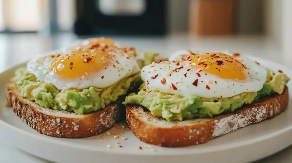 Slice of low-carb bread topped with creamy avocado and a perfectly poached egg, garnished with microgreens and a sprinkle of black pepper, served on a rustic wooden plate