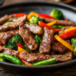 Delicious Beef Stir Fry served in a bowl, garnished with sesame seeds and green onions.