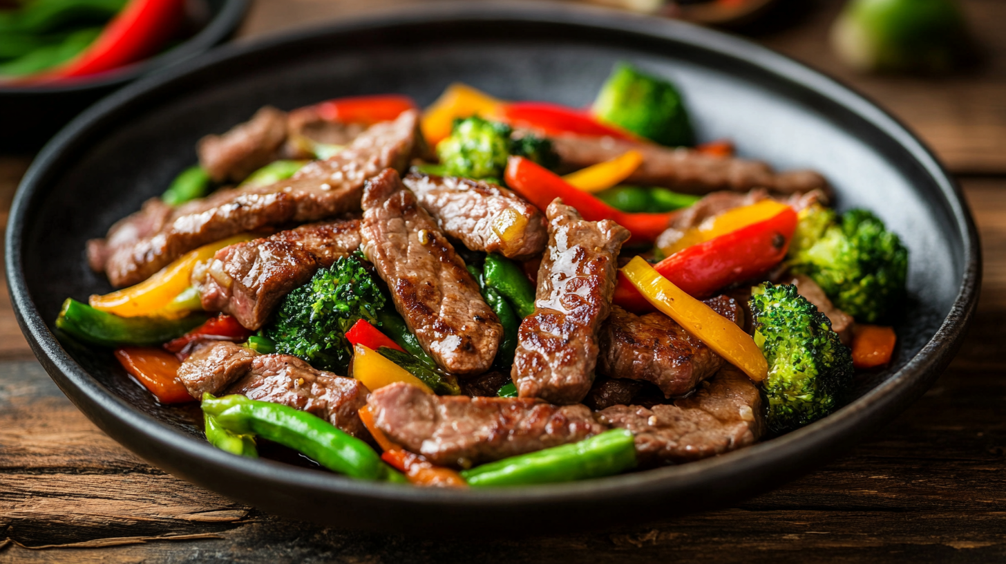 Delicious Beef Stir Fry served in a bowl, garnished with sesame seeds and green onions.