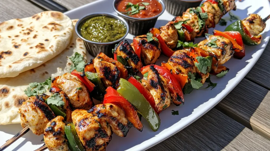 A close-up image of chicken shashlik skewers featuring juicy, grilled chicken pieces alternated with vibrant red and green bell peppers and onions.