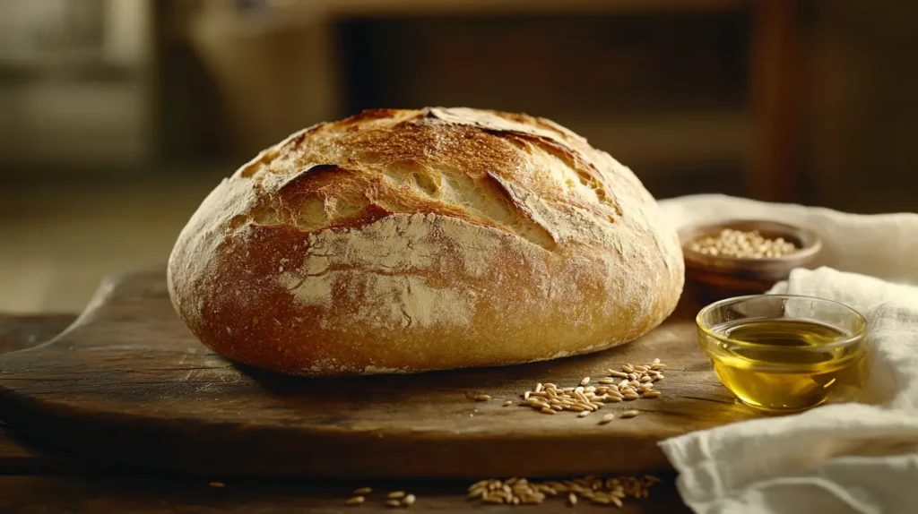 Close-up of a freshly baked artisan crusty bread loaf on a wooden cutting board, showcasing its golden-brown crust and soft interior, accompanied by a linen cloth and a bowl of olive oil