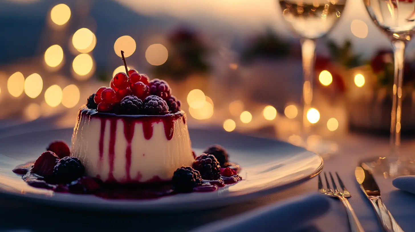 Elegant panna cotta dessert garnished with fresh berries on a stylish table