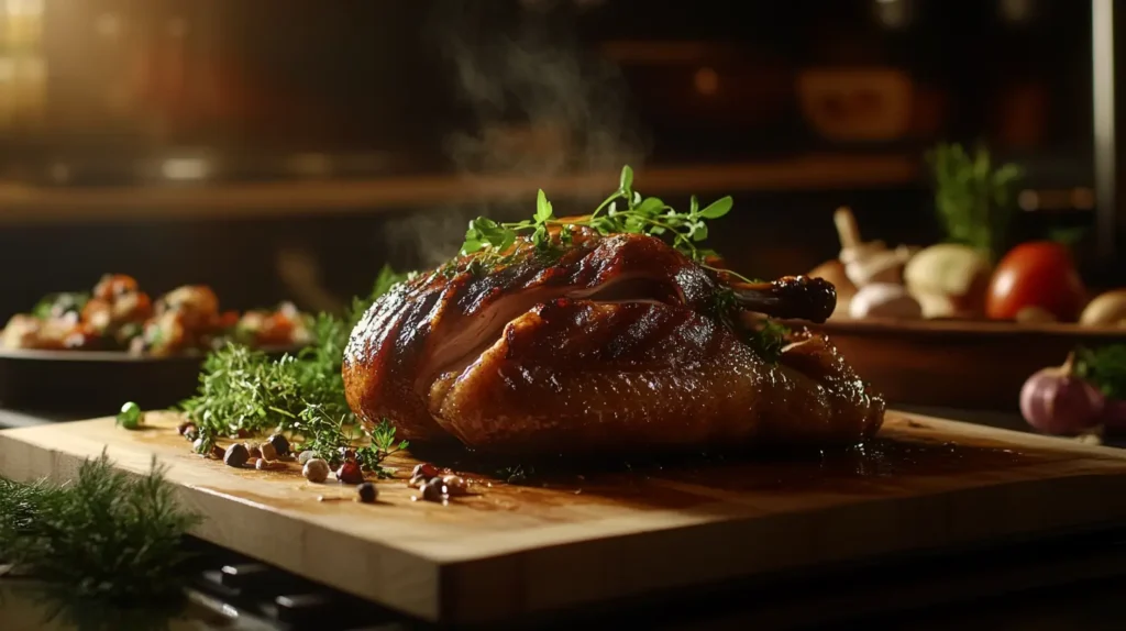 A perfectly smoked duck on a wooden cutting board, garnished with fresh herbs, surrounded by vibrant side dishes in a cozy kitchen