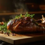 A perfectly smoked duck on a wooden cutting board, garnished with fresh herbs, surrounded by vibrant side dishes in a cozy kitchen