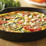 Close-up of a freshly baked frittata with a golden crust and vibrant vegetables like peppers, spinach, and tomatoes. The frittata is cut into wedges, showing a fluffy, creamy interior. Garnished with herbs and served with a fork and orange juice on a rustic wooden table.