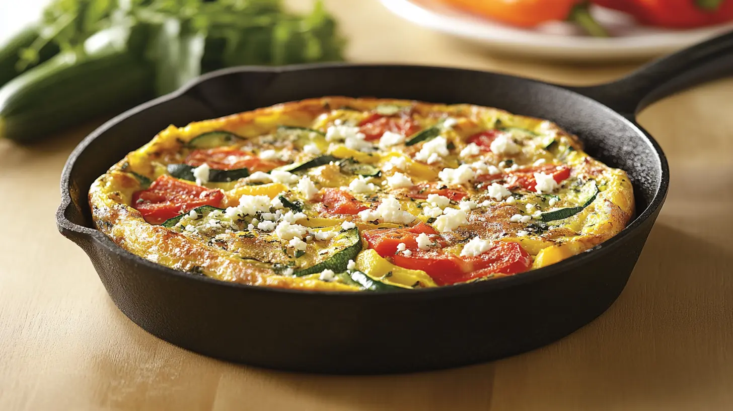 Close-up of a freshly baked frittata with a golden crust and vibrant vegetables like peppers, spinach, and tomatoes. The frittata is cut into wedges, showing a fluffy, creamy interior. Garnished with herbs and served with a fork and orange juice on a rustic wooden table.