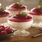 Delicious Italian Panna Cotta topped with berry compote and mint leaves, served in glasses on a rustic wooden table.