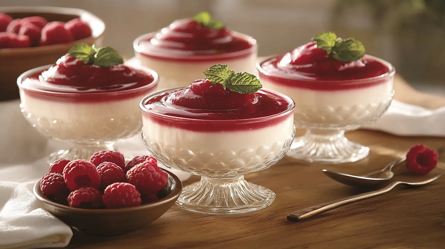 Delicious Italian Panna Cotta topped with berry compote and mint leaves, served in glasses on a rustic wooden table.