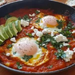 A skillet of keto shakshuka with vibrant, spiced tomato sauce, perfectly poached eggs nestled in the sauce, and garnished with crumbled feta cheese and fresh parsley.