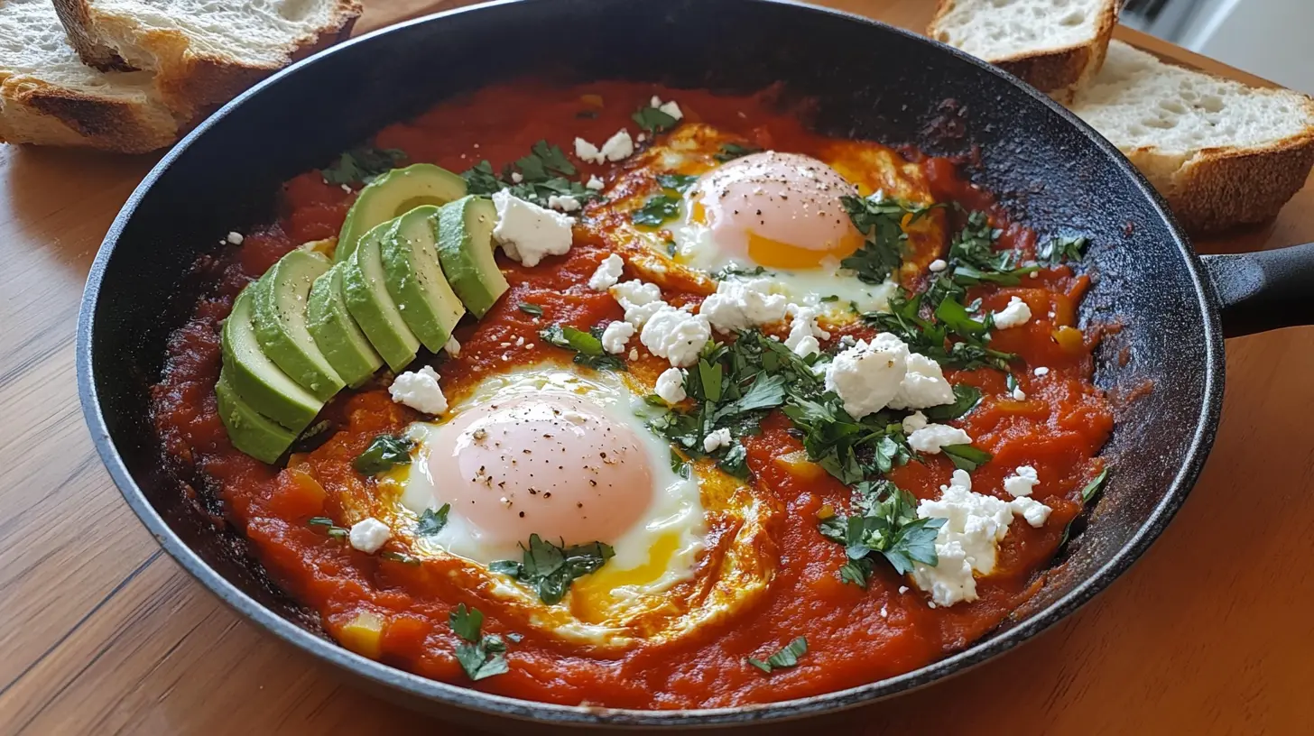 A skillet of keto shakshuka with vibrant, spiced tomato sauce, perfectly poached eggs nestled in the sauce, and garnished with crumbled feta cheese and fresh parsley.