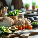 A rustic wooden kitchen table displaying an assortment of low-carb breads, including cloud bread, almond flour bread, and flaxseed bread.