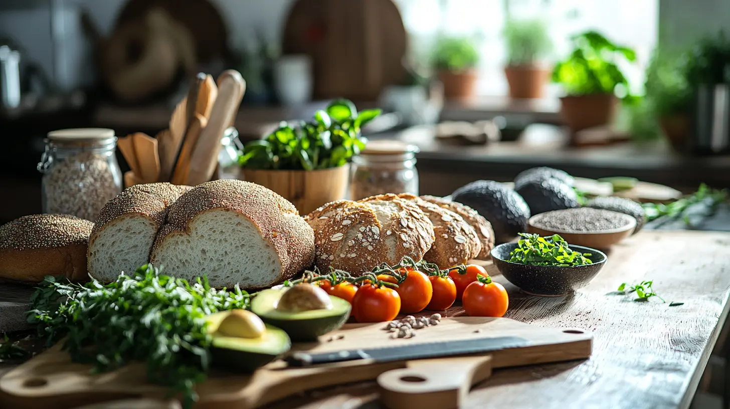 A rustic wooden kitchen table displaying an assortment of low-carb breads, including cloud bread, almond flour bread, and flaxseed bread.