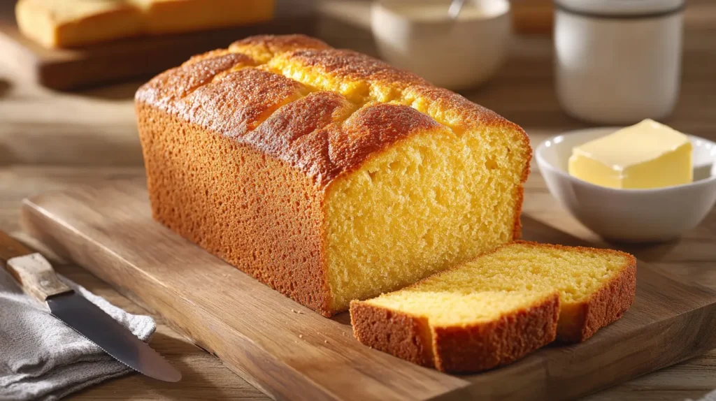 A freshly baked loaf of low-carb bread with a golden-brown crust, sliced to reveal its soft and airy texture. The bread is displayed on a rustic wooden cutting board, accompanied by a butter knife and a small dish of butter