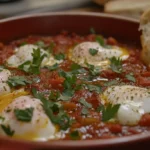 Shakshuka dish with eggs nestled in tomato sauce, sprinkled with herbs and cheese, served in a cast-iron skillet