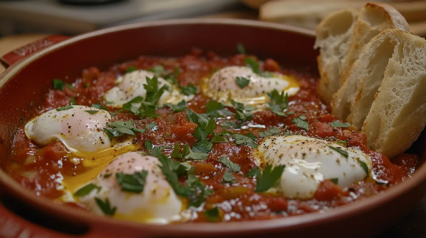 Shakshuka dish with eggs nestled in tomato sauce, sprinkled with herbs and cheese, served in a cast-iron skillet