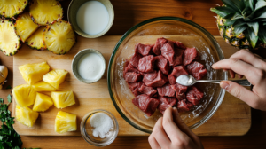 A vibrant image of a beef stir fry recipe featuring tenderized beef slices, colorful vegetables, and pineapple, all beautifully arranged in a cozy kitchen setting.