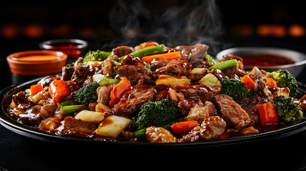 A colorful stir fry dish showcasing various meats, including flank steak, sirloin, and ribeye, alongside fresh vegetables like bell peppers, broccoli, and carrots.