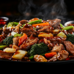 A colorful stir fry dish showcasing various meats, including flank steak, sirloin, and ribeye, alongside fresh vegetables like bell peppers, broccoli, and carrots.