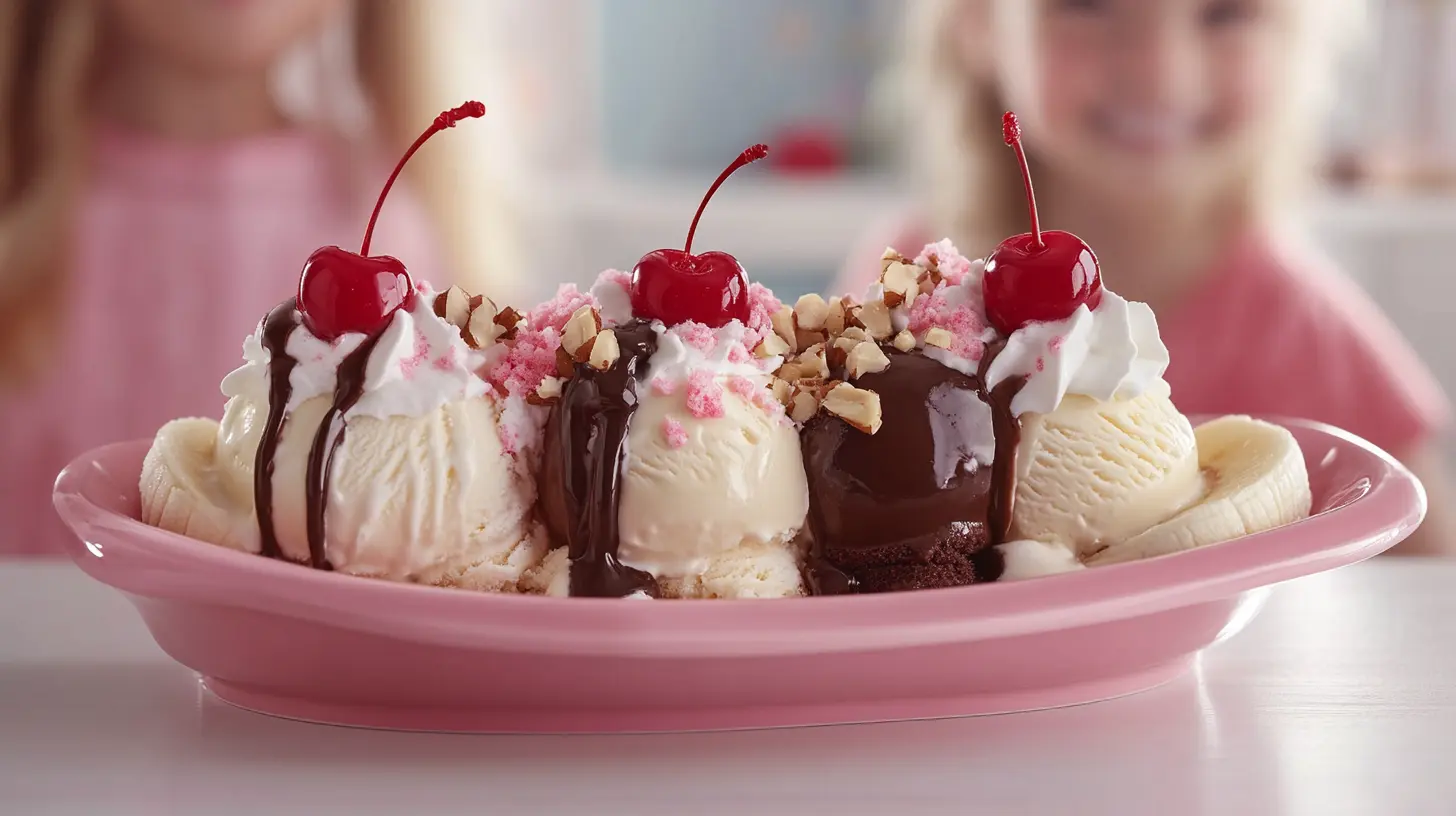 A classic banana split dessert featuring a split banana topped with scoops of vanilla, chocolate, and strawberry ice cream, drizzled with chocolate and strawberry syrup, sprinkled with crushed nuts, and finished with whipped cream and a cherry on top.