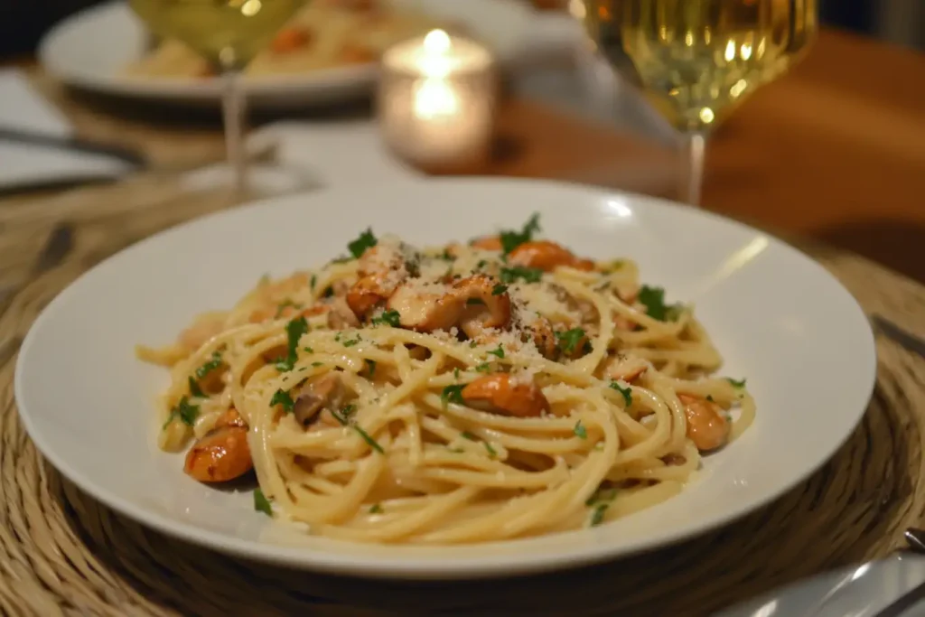 A Beautifully Plated Creamy Chanterelle Mushroom Pasta With Fresh Herbs And Parmesan Cheese, Served On An Elegant Dining Table