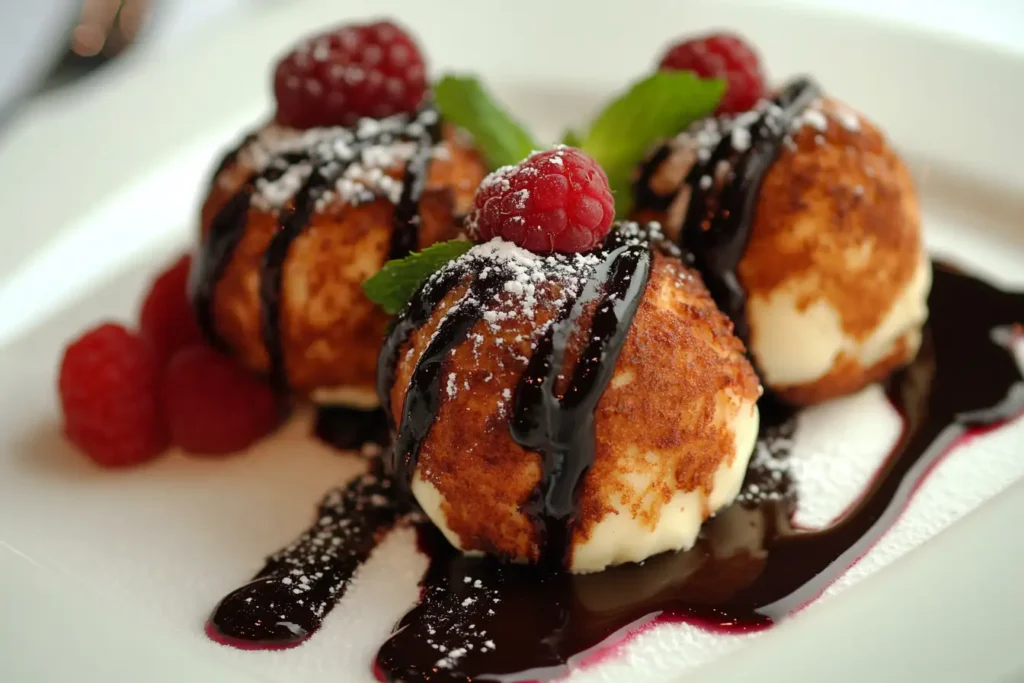 A Beautifully Plated Serving Of Fried S’mores Bombs With Chocolate Ganache And Raspberry Coulis Drizzled On The Side