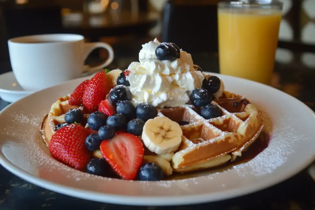 A Beautifully Styled Plate Of Banana Waffles Served With Fresh Strawberries, Blueberries And Whipped Cream