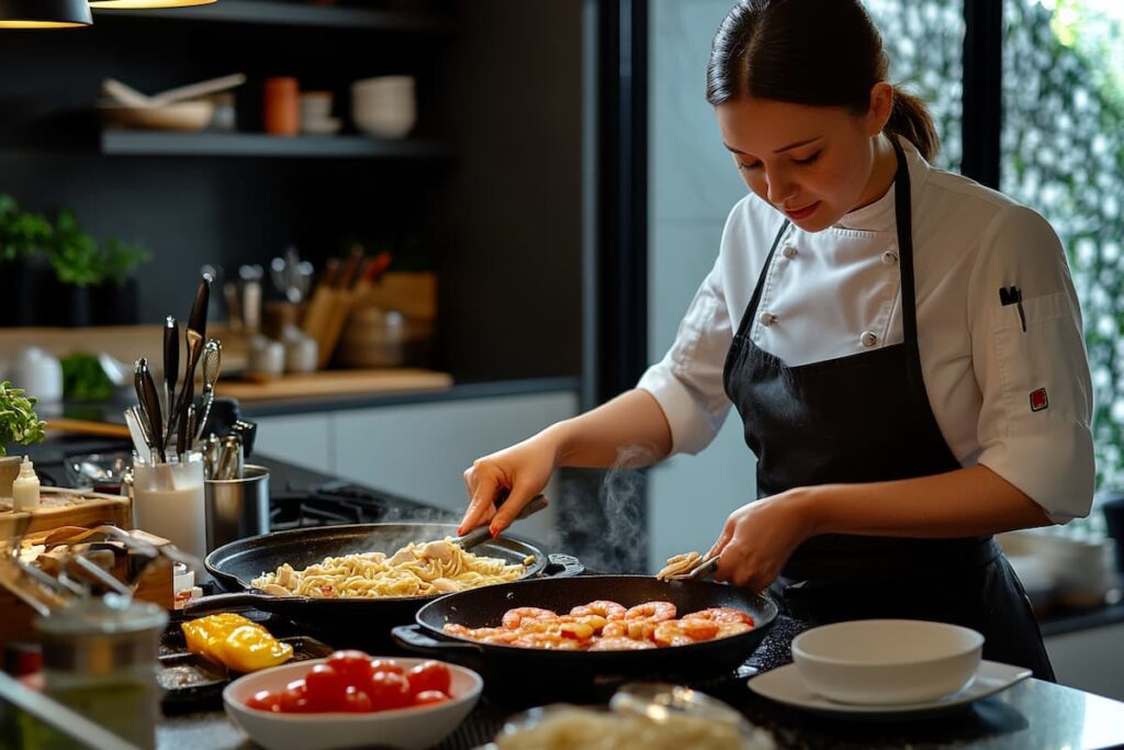 A Chef In A Modern Kitchen Prepares Chicken And Shrimp Carbonara, Highlighting The Fresh Ingredients And Cooking Techniques Involved