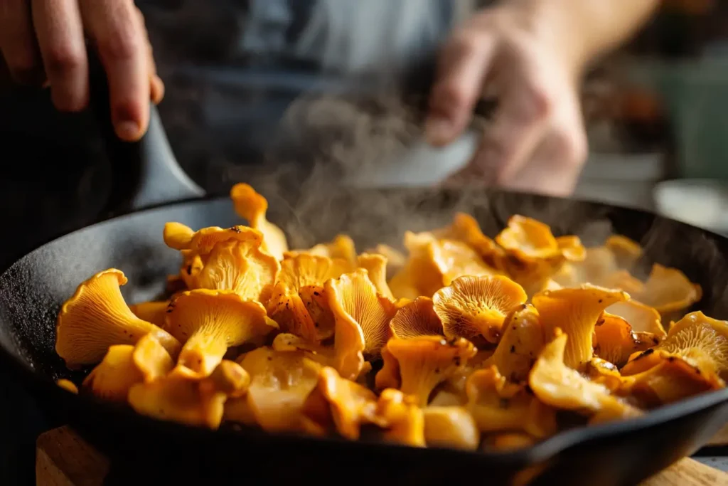 A Chef Sautéing Chanterelle Mushrooms In A Cast Iron Skillet With Butter And Garlic, Steam Rising From The Pan