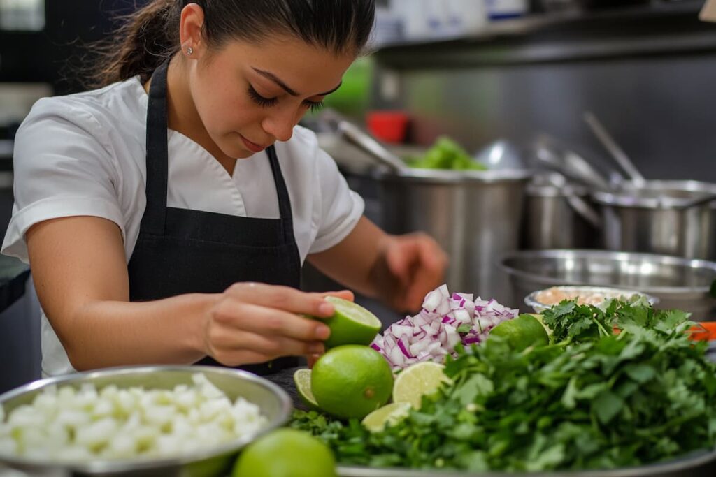 A Chef Woman Preparing Cebolla Ensalada In A Modern Kitchen, Showcasing Fresh Ingredients Like Onions, Lime, And Cilantro
