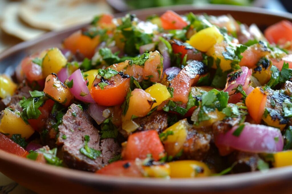 A Colorful Cebolla Ensalada Served Alongside Grilled Meats And Tortillas, Highlighting The Meal Pairing.