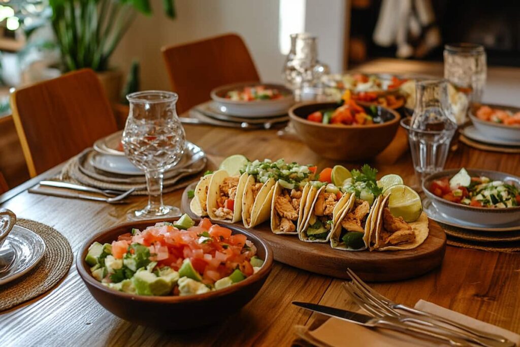 A Cozy Dining Table Set For A Family Meal Featuring Diced Chicken Tacos With Assorted Toppings.