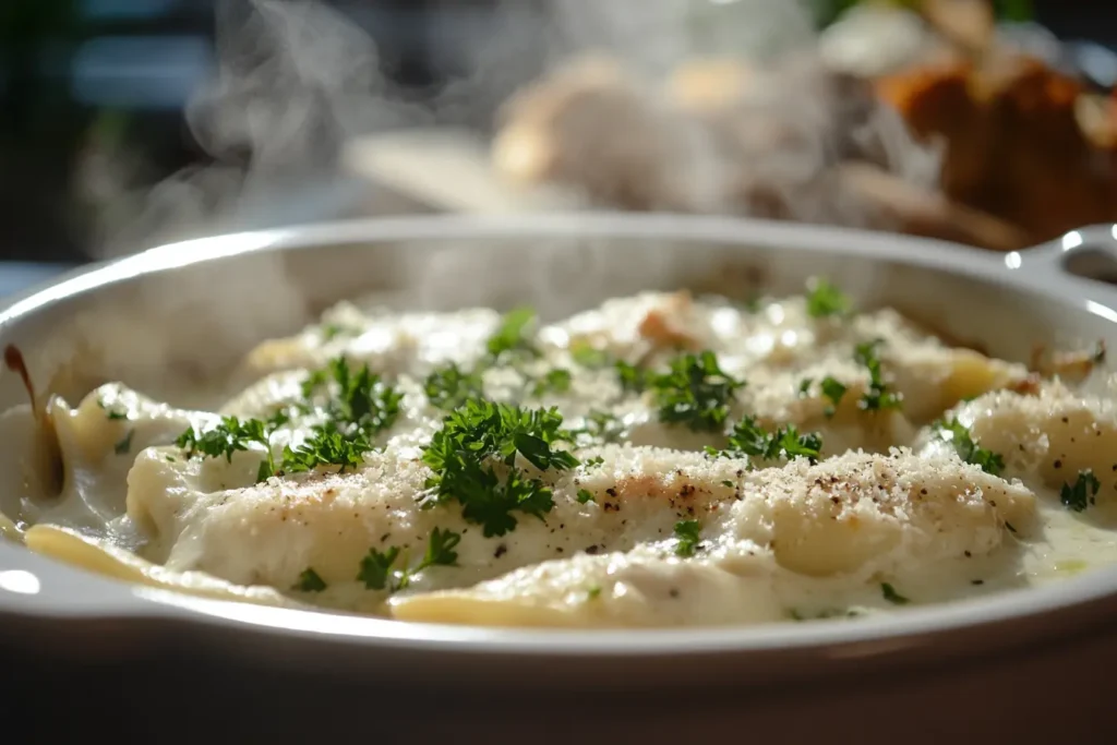 A Creamy Alfredo Chicken Stuffed Shells Dish In A White Ceramic Baking Dish