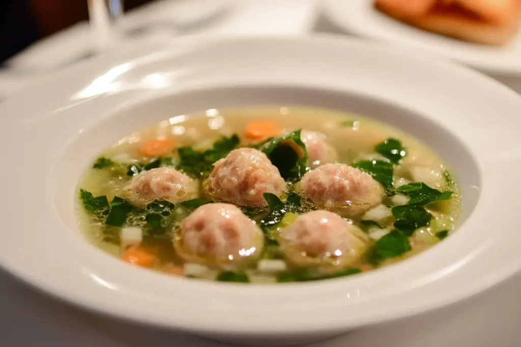 A Fine Dining Presentation Of Italian Wedding Soup In A White Porcelain Bowl