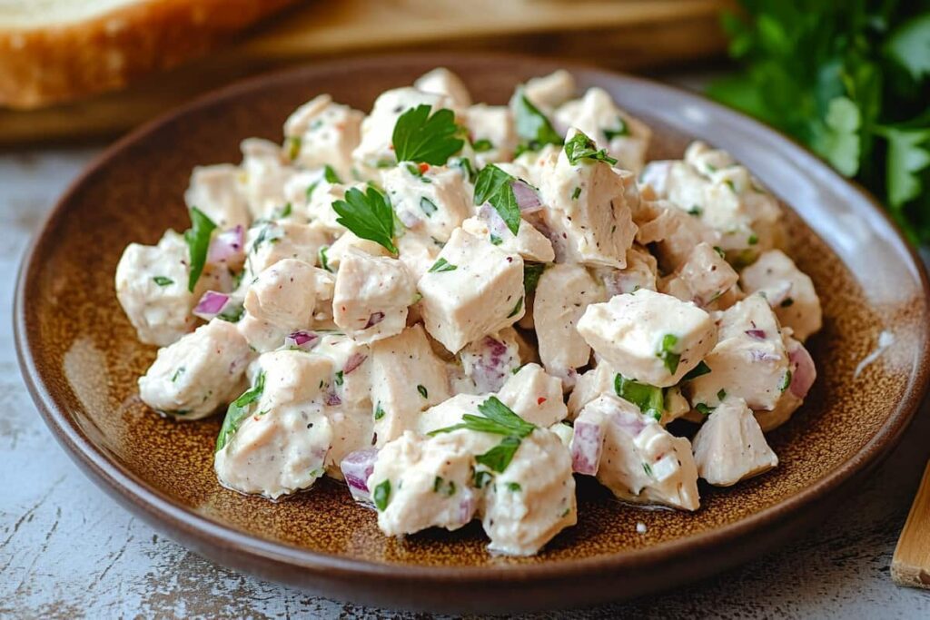 A Plate With Diced Chicken Salad.