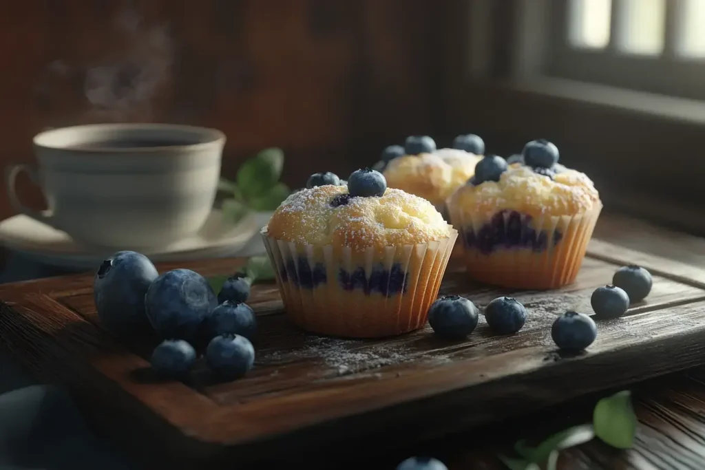 A Tray Of Golden Brown Blueberry Muffins With Fresh Blueberries And A Cup Of Tea.