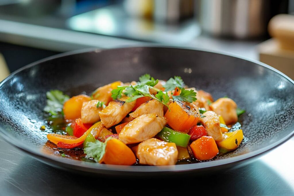 A Vibrant Plate Of Diced Chicken Stir Fry With Colorful Vegetables, Served In A Modern Kitchen Setting.