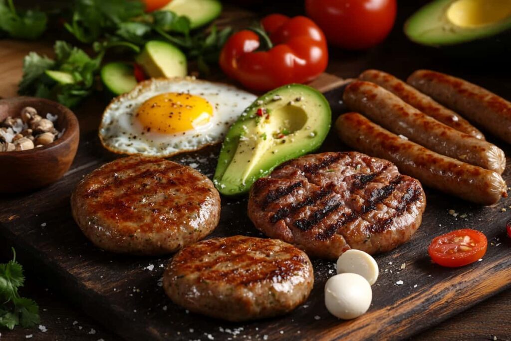 An Image Showcasing Beef Breakfast Patties, Sausages, Fried Eggs And Some Veggies