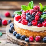 Elegant Bavarois dessert topped with fresh berries and mint on a rustic wooden table.