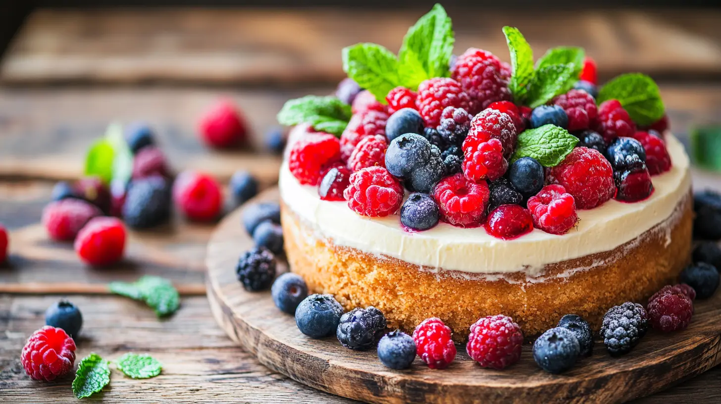 Elegant Bavarois dessert topped with fresh berries and mint on a rustic wooden table.