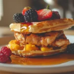 Delicious chicken and waffle sandwich with syrup and berries.