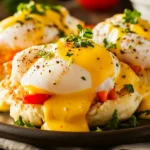 Delicious Crab Cake Eggs Benedict with poached eggs and hollandaise sauce