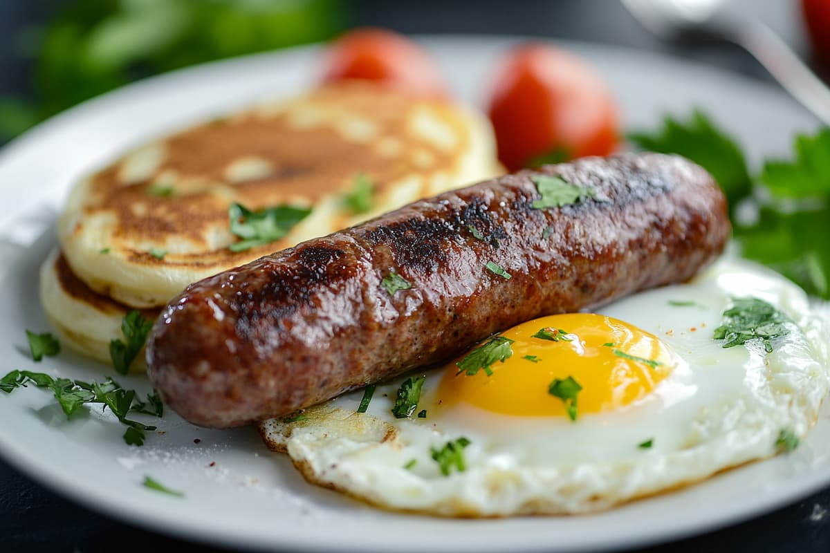 Delicious Beef Breakfast Sausage Served With Eggs And Pancakes